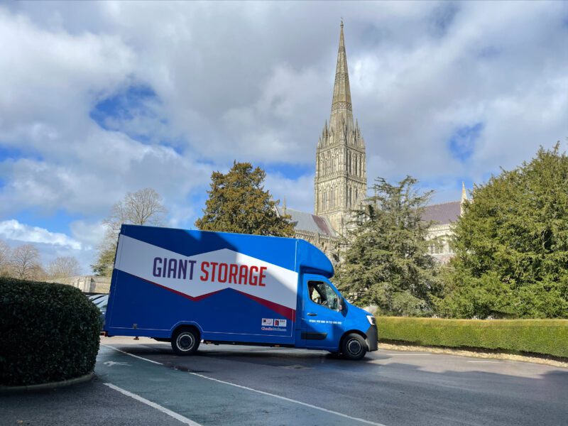 Giant Storage removals van in front of Salisbury Cathedral