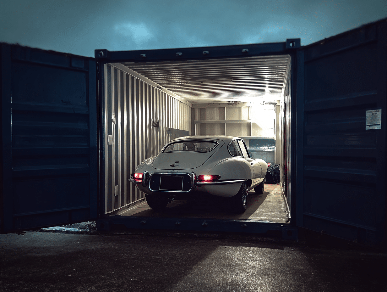 Classic Jaguar E-Type inside secure vehicle storage container.