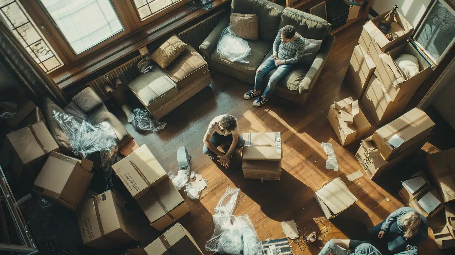 Moving boxes and furniture in a room, suggesting a relocation with a Free Man & Van service.